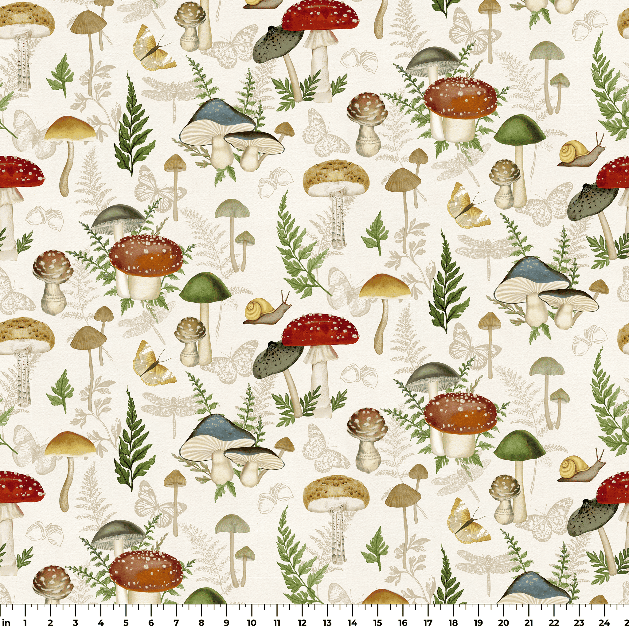 Watercolor mushrooms, ferns, and butterflies on a cream background